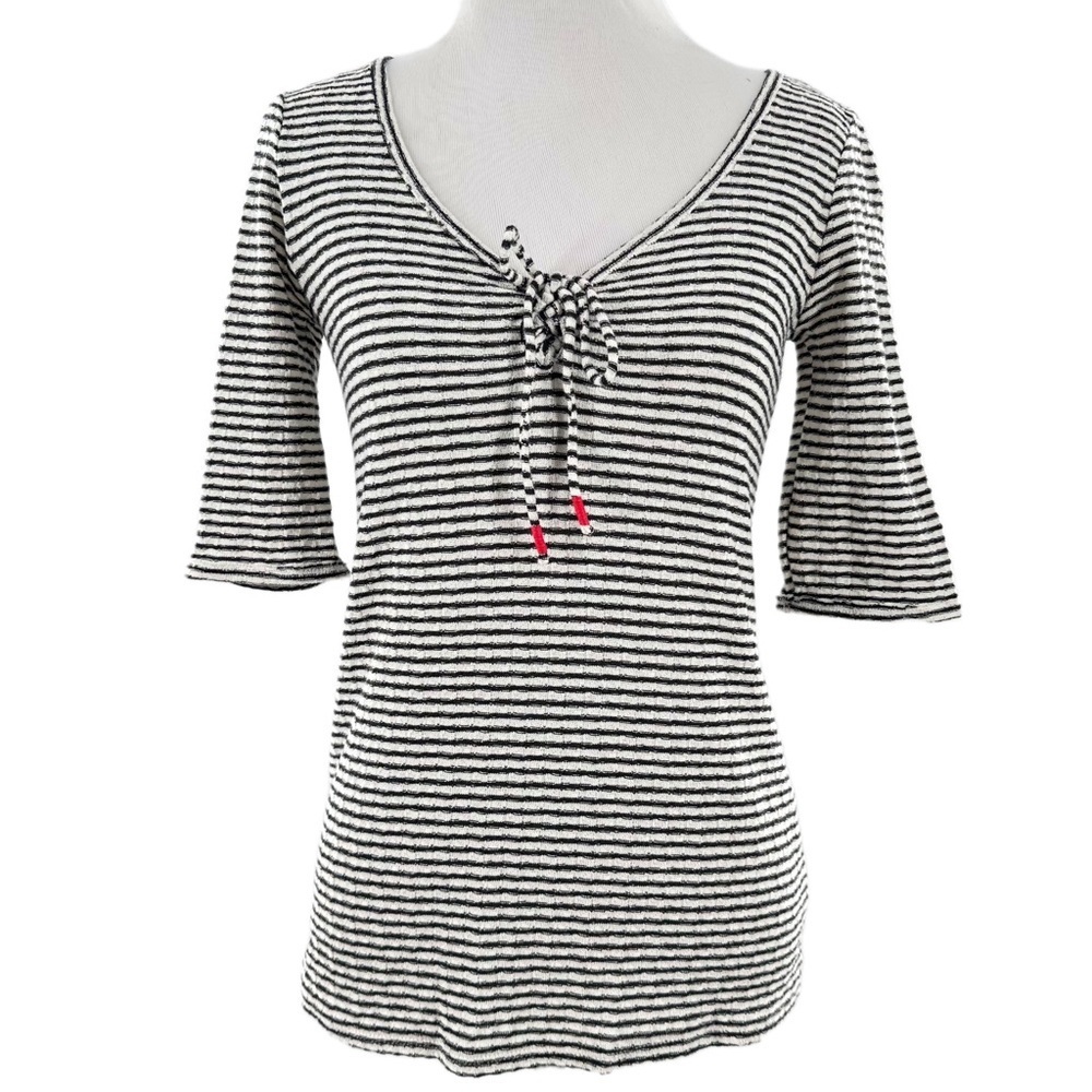 lucky brand womens top size XS black white stripes 3/4 sleeves v-neck